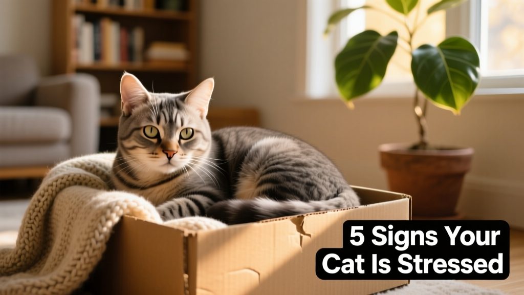 A cat curled up inside a cozy cardboard box or under a blanket, partially hidden but alert