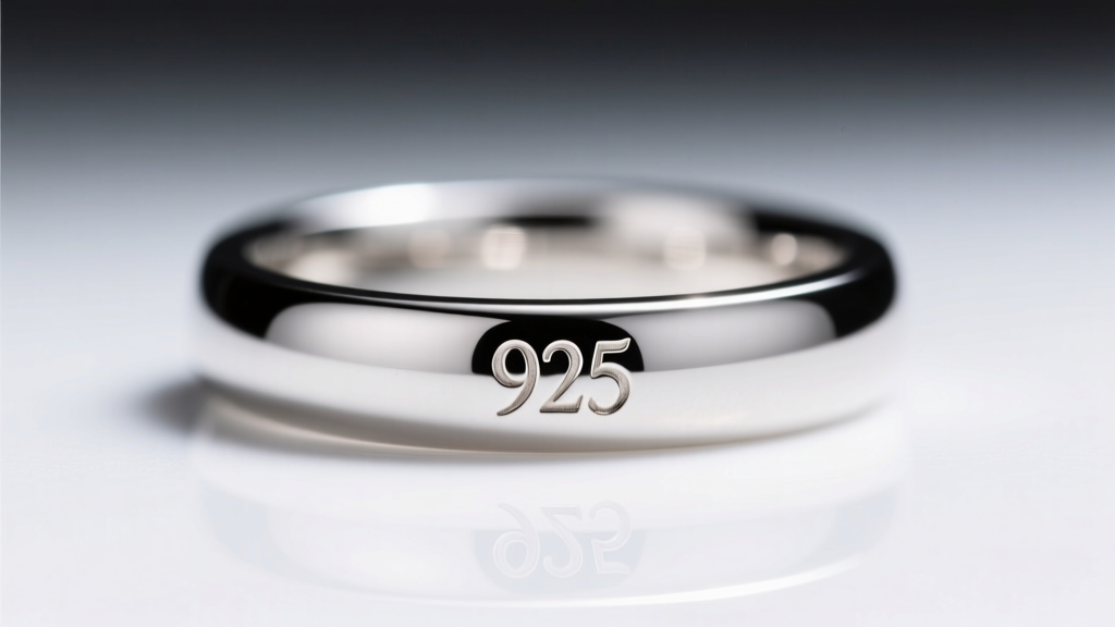 Macro shot of a crisp 925 jewelry stamp engraved on a polished sterling silver ring shank under bright studio lighting.