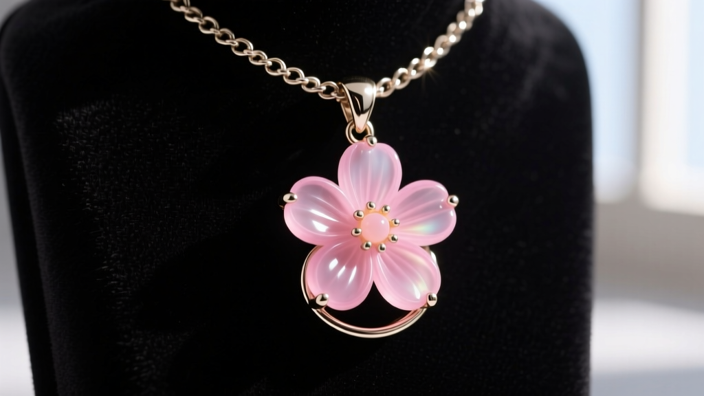 Close-up of a vintage 2005 Mattel Fairytopia Elina flower pendant with pink acrylic petals and base metal chain on dark velvet