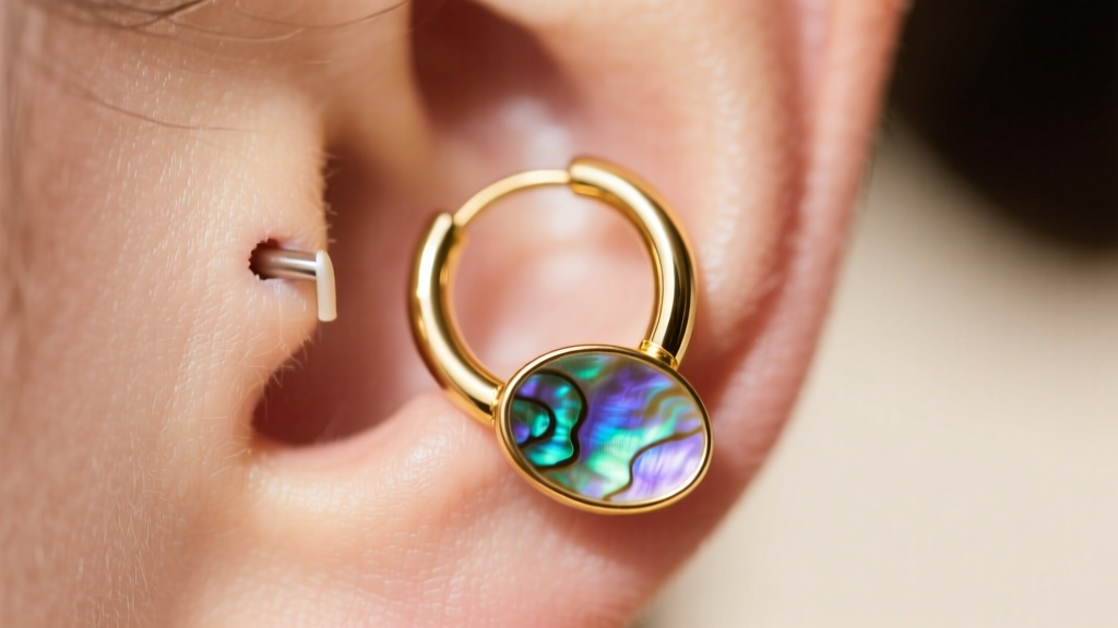 Close-up of a 16-gauge gold huggie hoop with an abalone shell charm, worn on a healed helix cartilage piercing in soft light