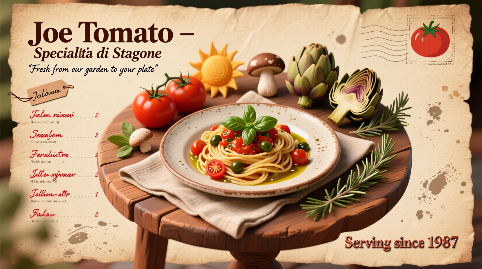 Joe Tomato restaurant menu featuring seasonal Italian dishes