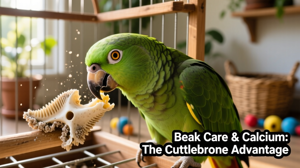 Close-up of a parrot gently pecking at a cuttlebone inside its cage