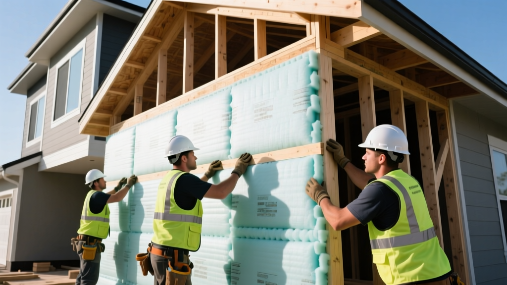 Construction workers installing thick rigid polyiso foam insulation boards over wood framing on a modern residential exterior wall assembly