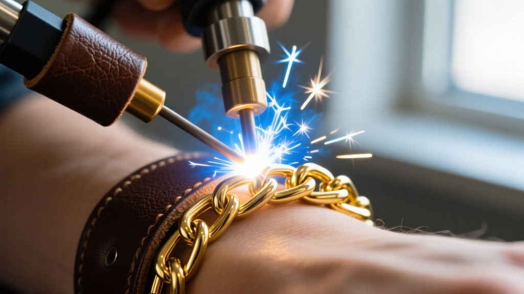 Close up of a micro pulse welder fusing a 14k gold cable chain on a wrist, showing the bright spark and dark leather safety guard