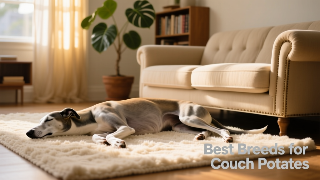 A lean, calm Greyhound stretched out peacefully on a rug beside a sofa, eyes softly closed