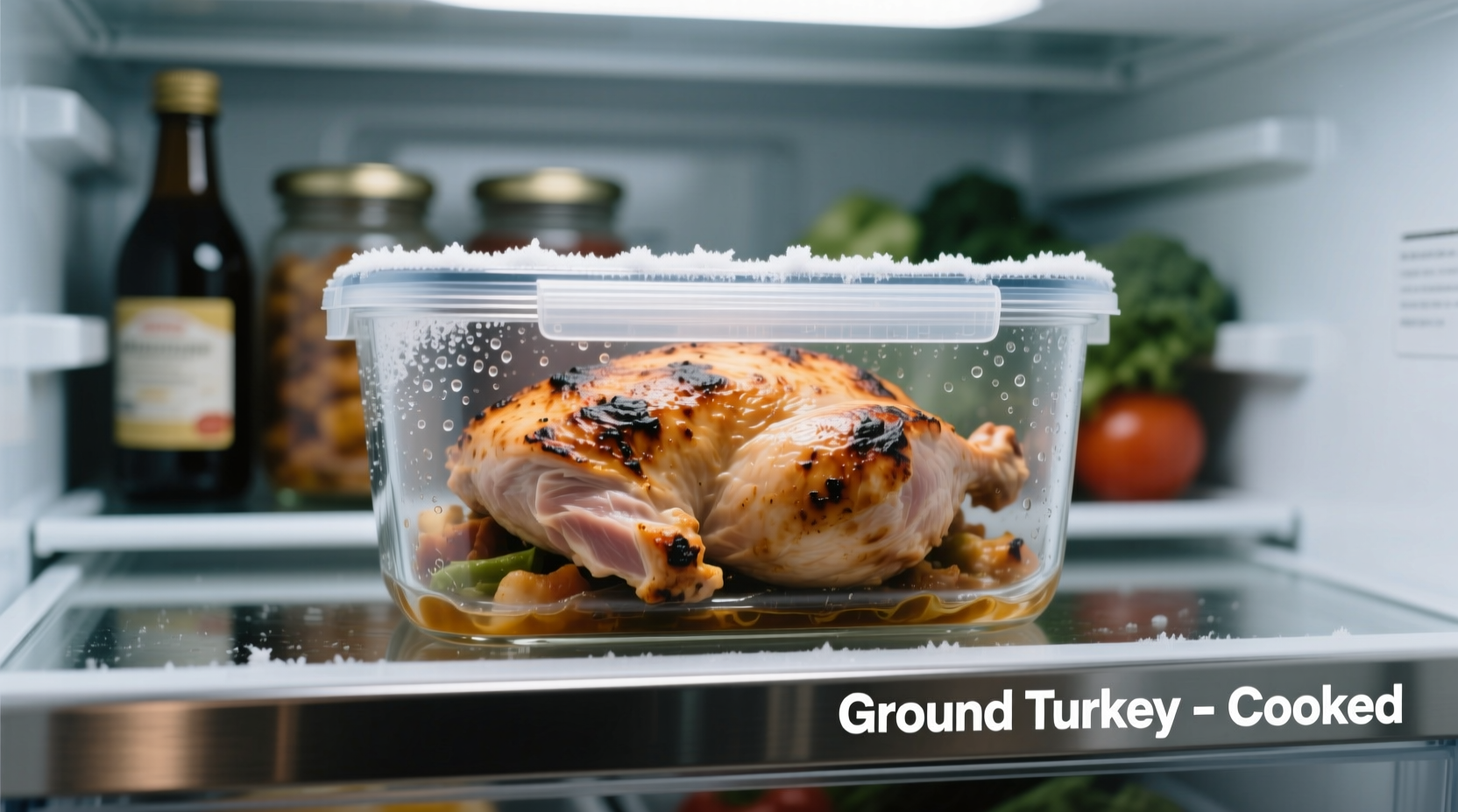 Cooked ground turkey in airtight container in refrigerator