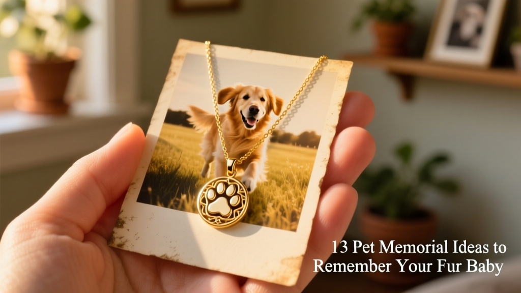 A delicate gold pendant necklace with a subtle paw print design resting on a hand holding a photo of a smiling golden retriever
