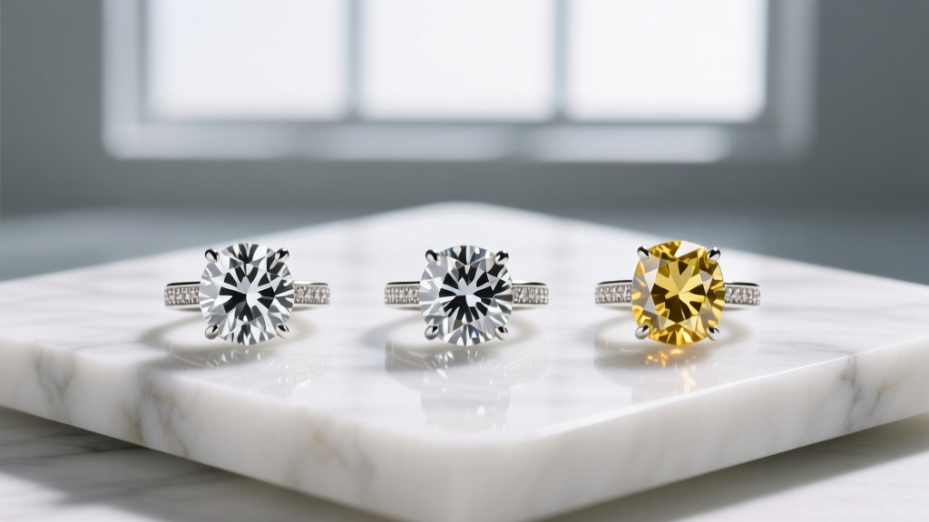 Three distinct diamond solitaire pendants side-by-side showing varying clarity and color grades, placed on a white marble slab