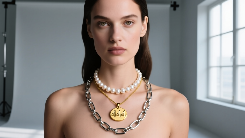 Model wearing a layered stack: 16-inch pearl choker, 18-inch 444 gold pendant, and 20-inch silver paperclip chain, studio lighting