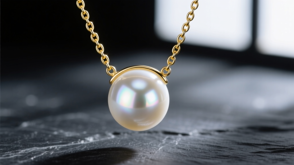 Macro shot of a white Akoya pearl on a 14k yellow gold cable chain, showing mirror-like luster against a dark slate background.
