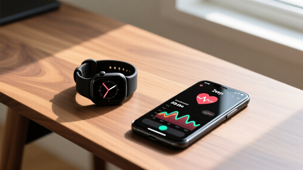 Matte black Amazfit Helio Strap on a wooden desk next to a smartphone showing Zepp app recovery metrics and heart rate data.