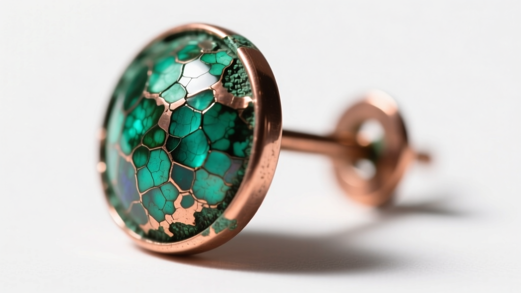 Macro photo of a copper earring post showing green oxidation and patina buildup against a white background, highly detailed.
