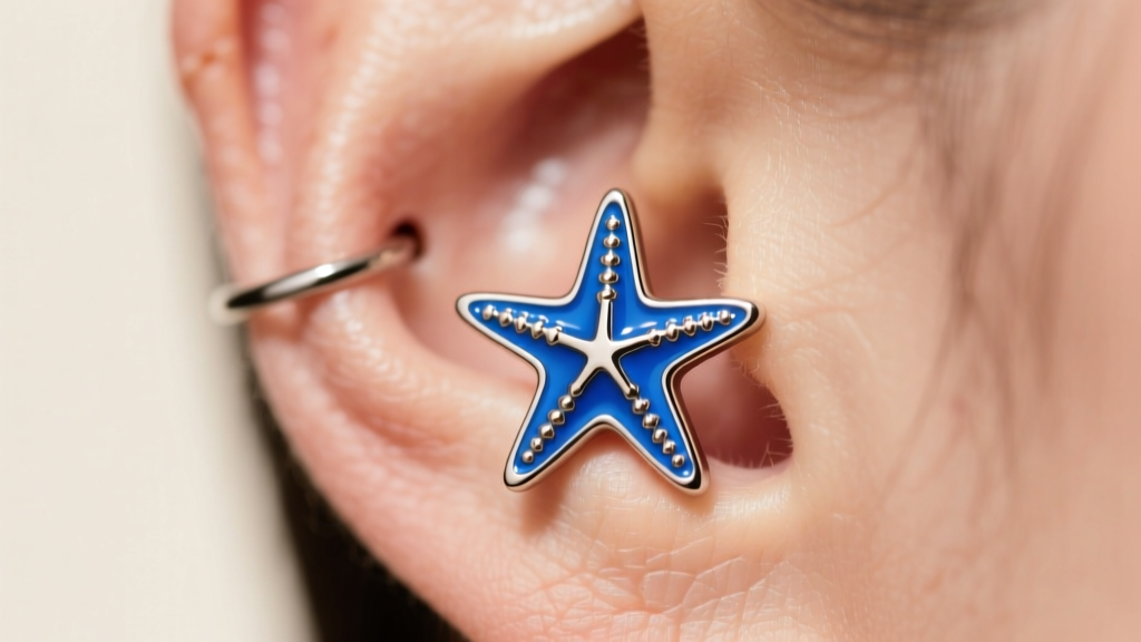 Close-up of a 16-gauge titanium flat-back starfish stud with blue enamel, inserted in a healed upper helix cartilage piercing