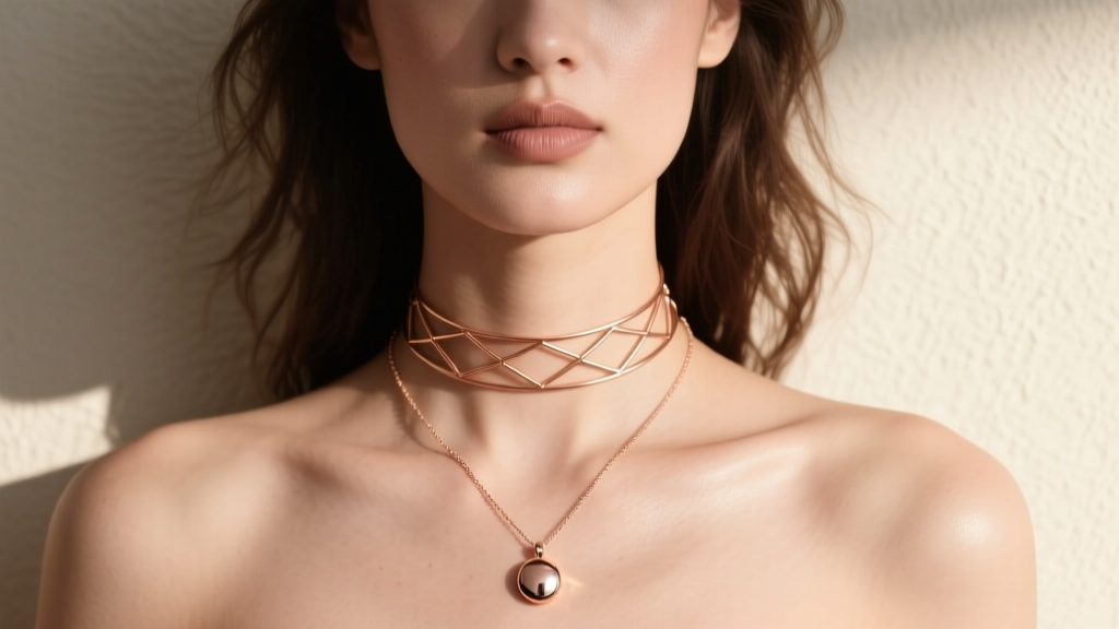 Model wearing a delicate 18-gauge rose gold wire choker layered with a longer pendant necklace, photographed from collarbone up