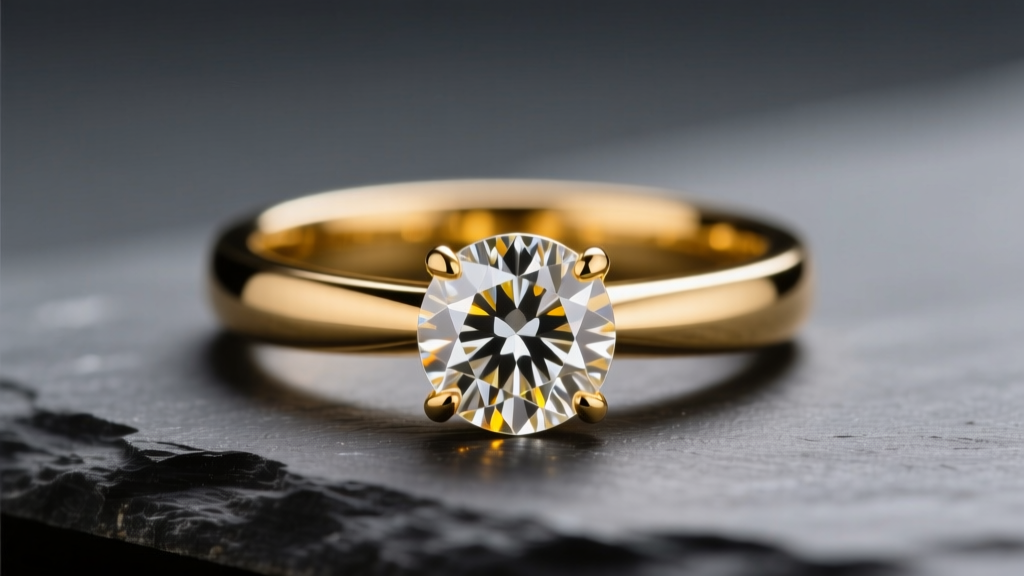 Macro shot of an 18k yellow gold diamond ring on dark slate, lit by soft studio lighting to highlight the brilliant stone facets.