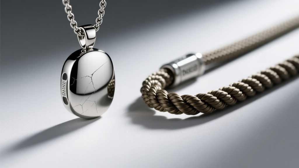Macro comparison of a polished Grade 23 titanium pendant and a braided Dyneema paracord chain under bright gym lighting