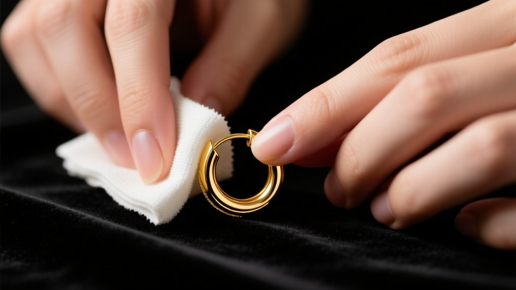 Macro shot of hands wiping 14k gold hoop earrings with a microfiber cloth on dark velvet under bright studio lighting setup.