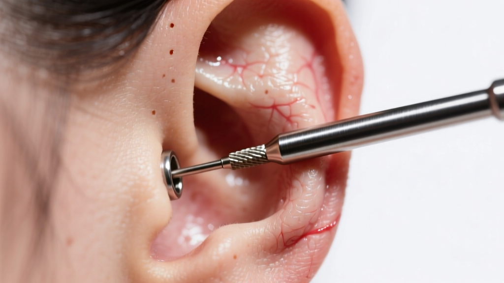 Macro shot of an 18-gauge steel taper gently reopening a shrunk earlobe piercing under bright studio lighting.