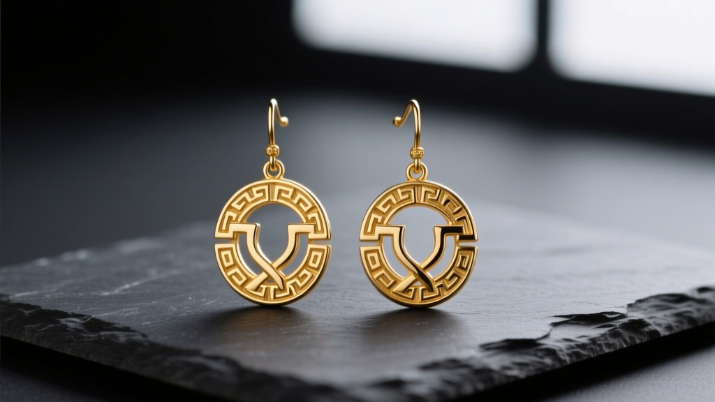 18k solid gold Greek key drop earrings on dark slate, highlighting the intricate geometric meander pattern in soft light.