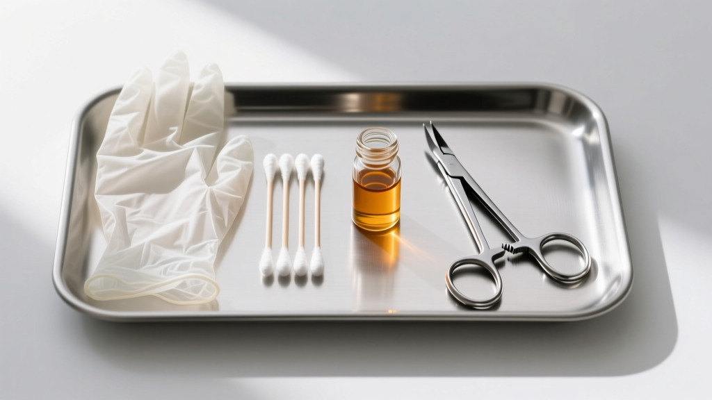 Sterile steel tray holding medical nitrile gloves, cotton swabs, jojoba oil, and fine-tipped hemostat pliers for jewelry removal