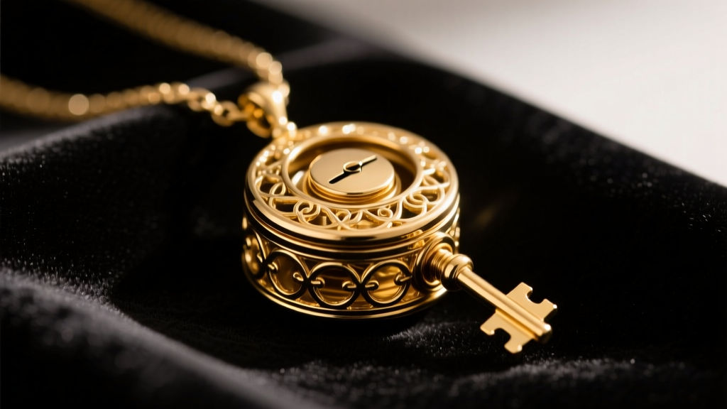 Close-up of a gold-plated Anastasia music box pendant with detachable winding key resting on dark velvet fabric in moody lighting.