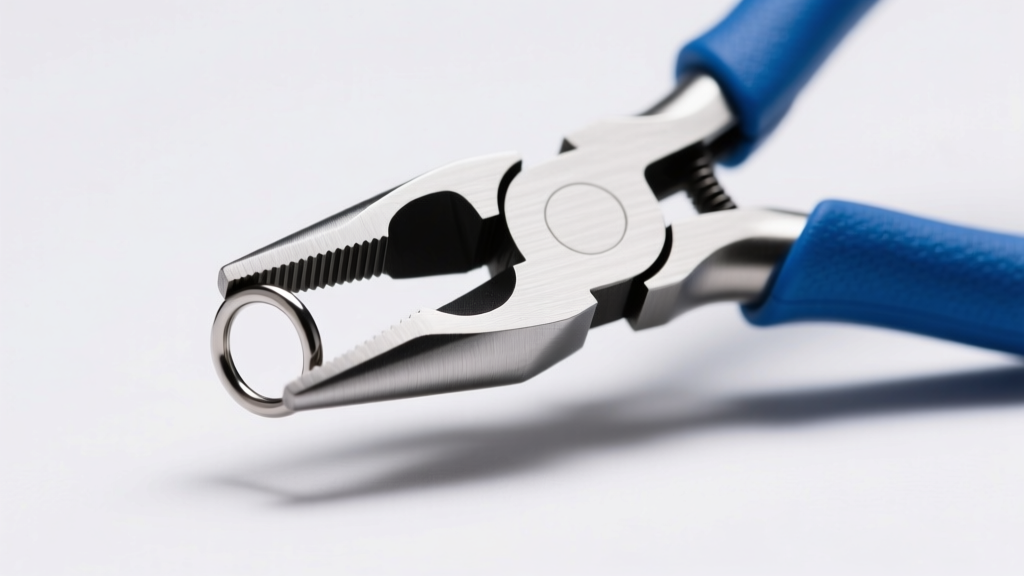 Blue nylon-jaw needle nose pliers holding an 18-gauge titanium seamless nose hoop against a clean, softly lit white background.