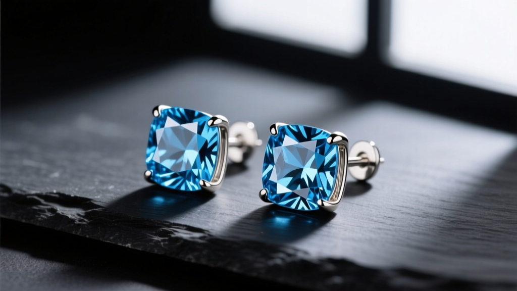 Cushion-cut Swiss blue topaz stud earrings in white gold martini settings on dark slate, showing vivid blue saturation and clarity