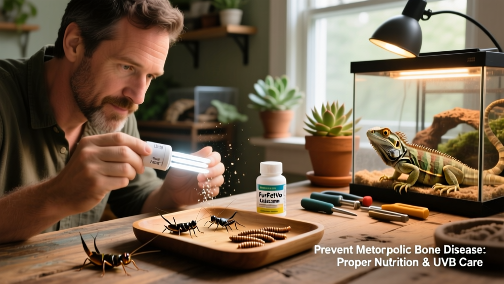 Reptile owner checking UVB bulb expiration date and using FurPetVo calcium supplement on feeder insects