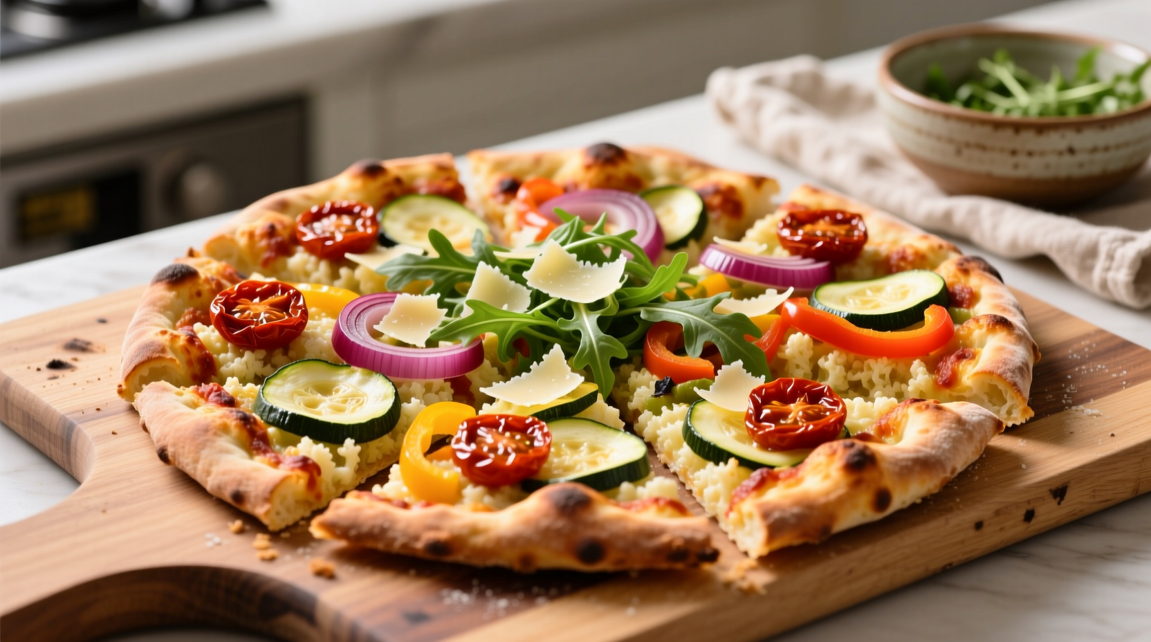 Fresh cauliflower pizza with visible vegetable toppings
