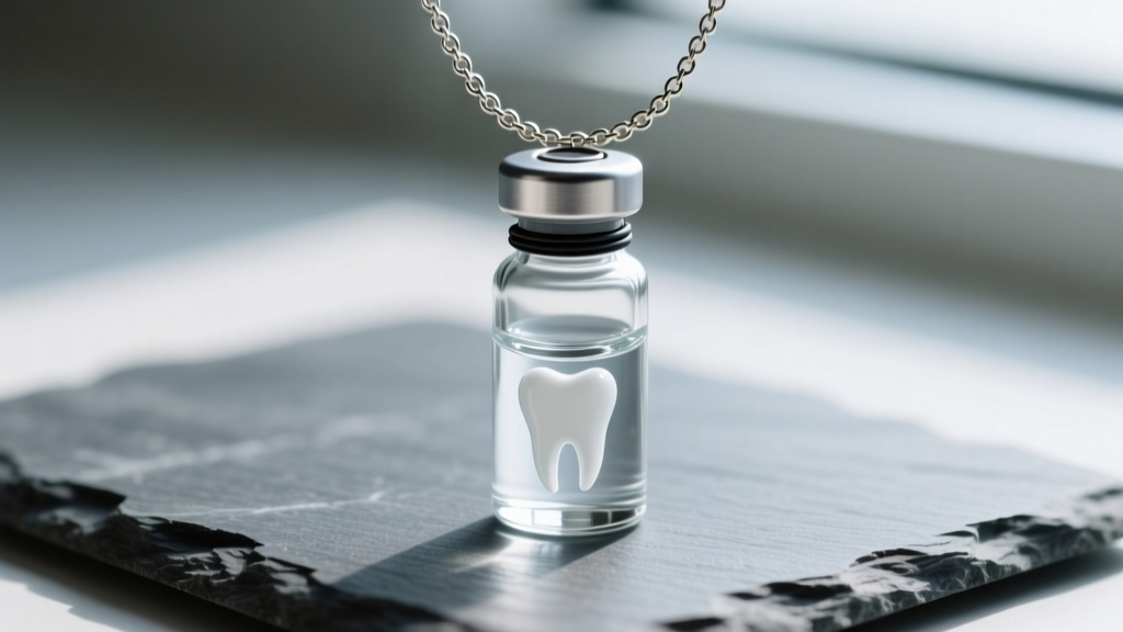 Macro shot of a borosilicate glass vial tooth necklace holder with a threaded metal cap and rubber O-ring seal, displayed on slate.