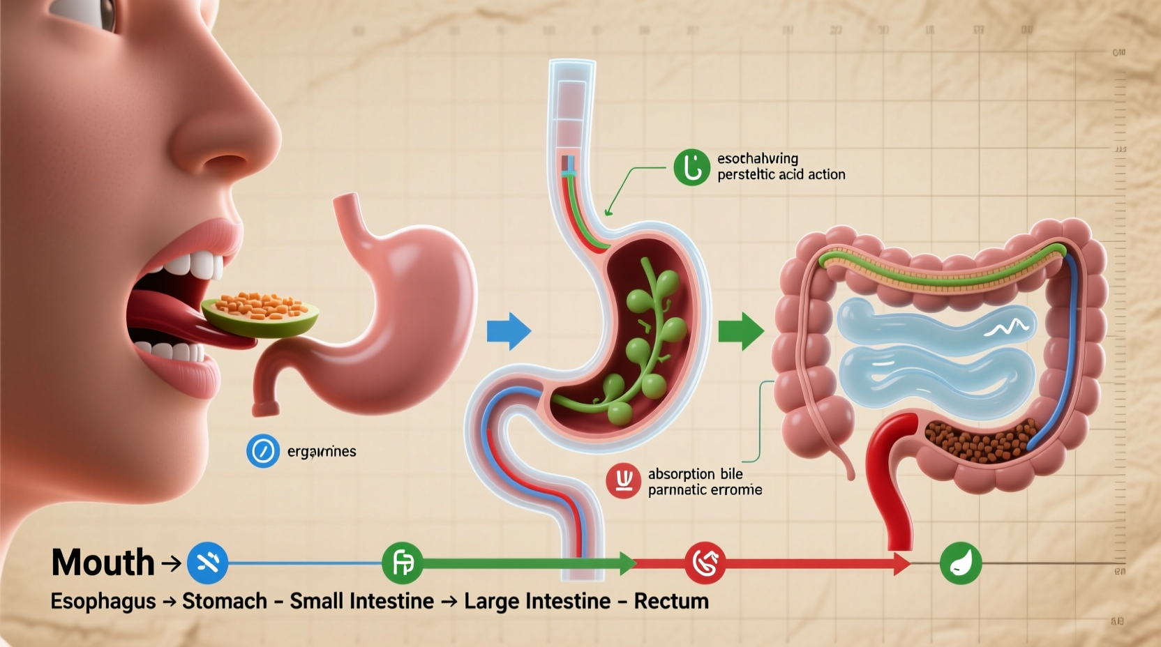 Digestive process timeline showing food movement