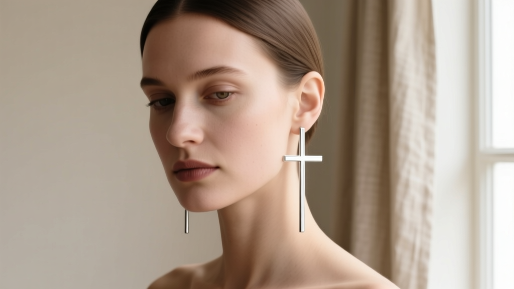 Woman with a round face wearing elongated slender silver cross drop earrings, creating a vertical line in soft natural lighting.
