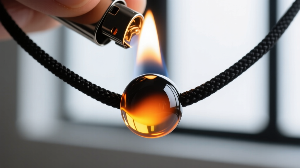 Extreme close-up of a lighter flame melting the tip of a black nylon cord to create a smooth rounded bead for a necklace finish