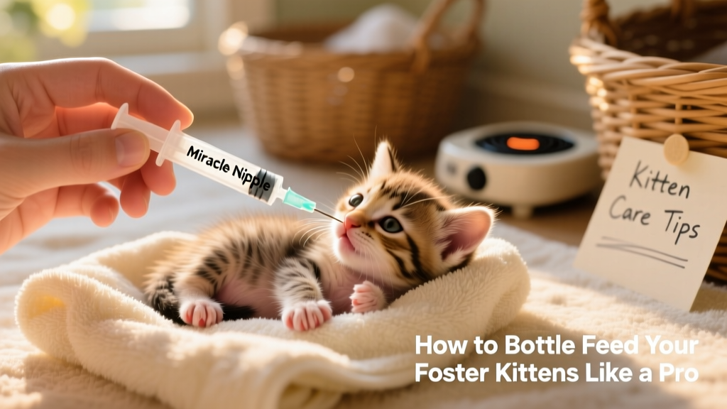 Hand holding a syringe with Miracle Nipple, gently feeding a tiny kitten on a soft towel