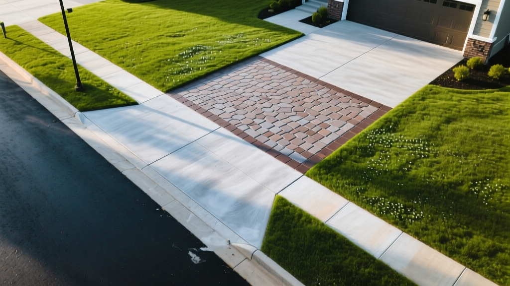 Aerial view of a newly poured stamped concrete driveway with a cobblestone pattern contrasting with a dark asphalt street and green lawn