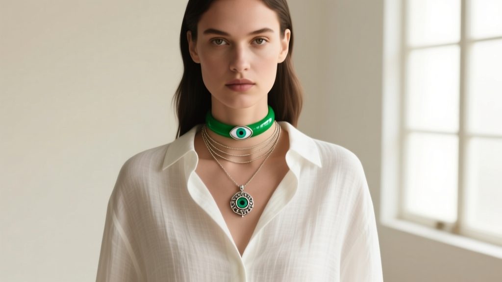 Model wearing a layered necklace stack with a 15mm green evil eye choker and a 25mm pendant on a white linen shirt.