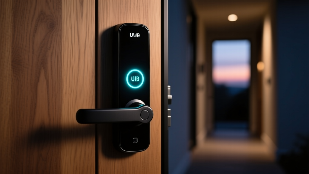 Close-up of a sleek matte black smart lock with a glowing UWB sensor ring on a modern oak front door at dusk.