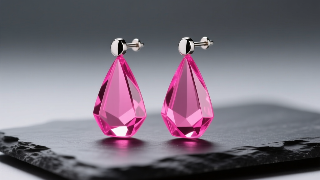 Neon pink cast acrylic drop earrings with titanium posts resting on a dark slate surface under soft, directional studio lighting