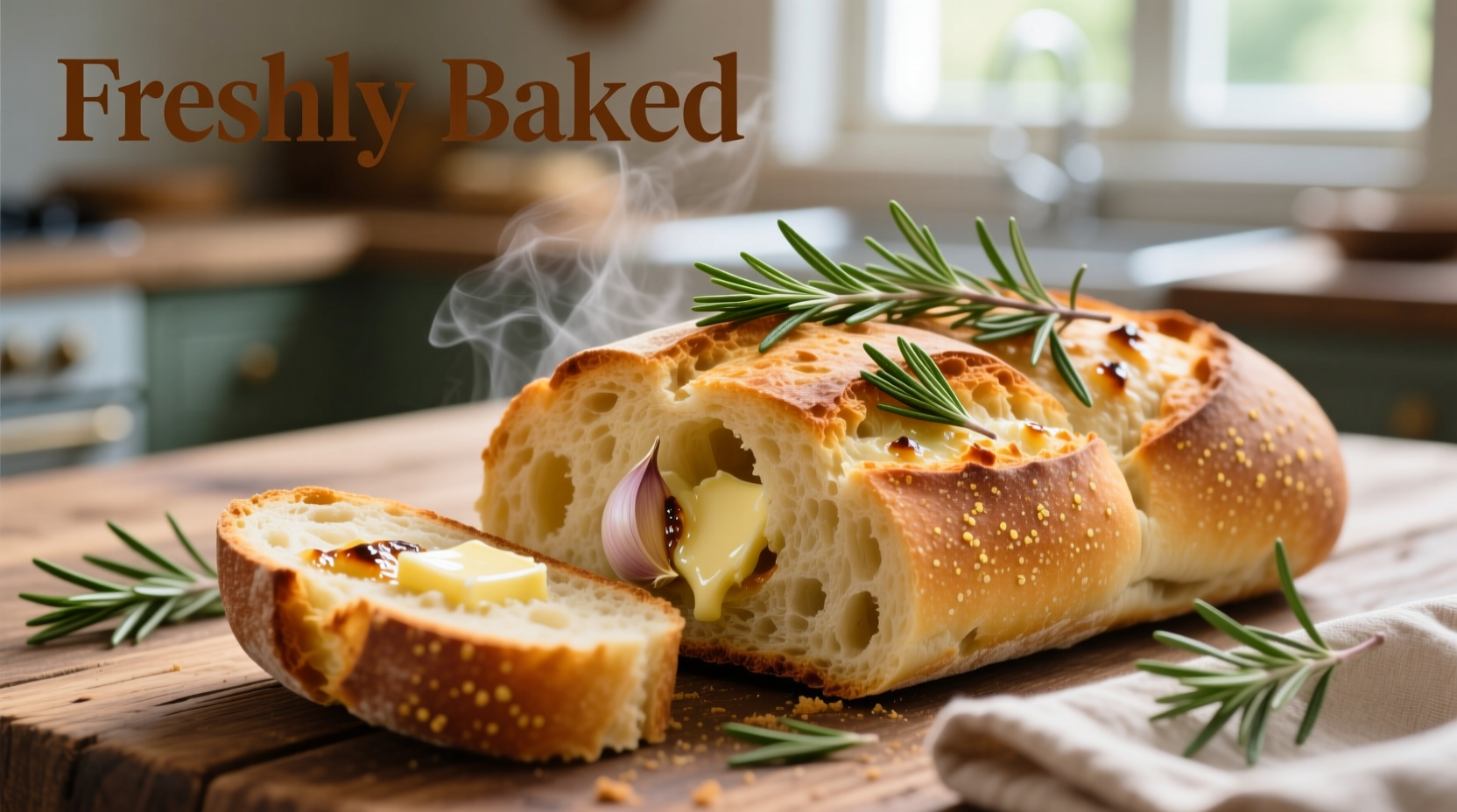 Freshly baked garlic bread with rosemary sprigs