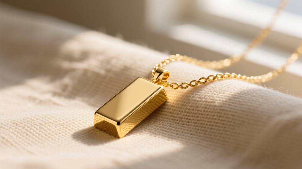 Solid 14k gold bar pendant on a delicate cable chain resting on beige linen, illuminated by soft morning window light.
