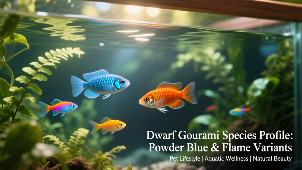 Dwarf gourami swimming peacefully alongside neon tetras and java fern in a planted aquarium