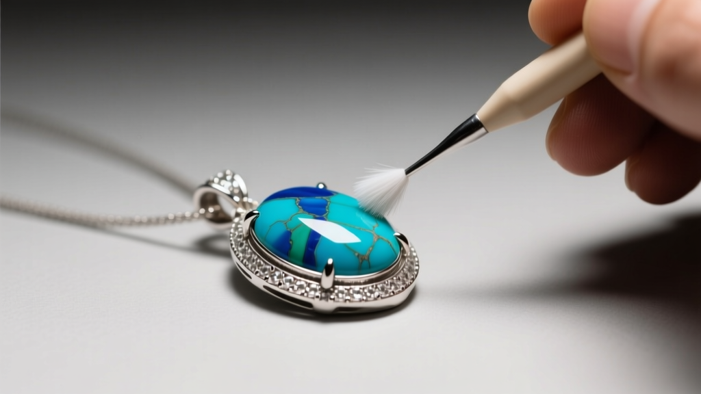 Jeweler cleaning a turquoise pendant set in a sterling silver bezel with a soft toothbrush under warm, focused studio lighting