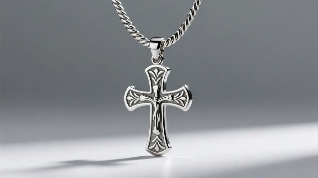 An 18-gauge stainless steel rope chain supporting a heavy novelty cross pendant against a neutral grey backdrop