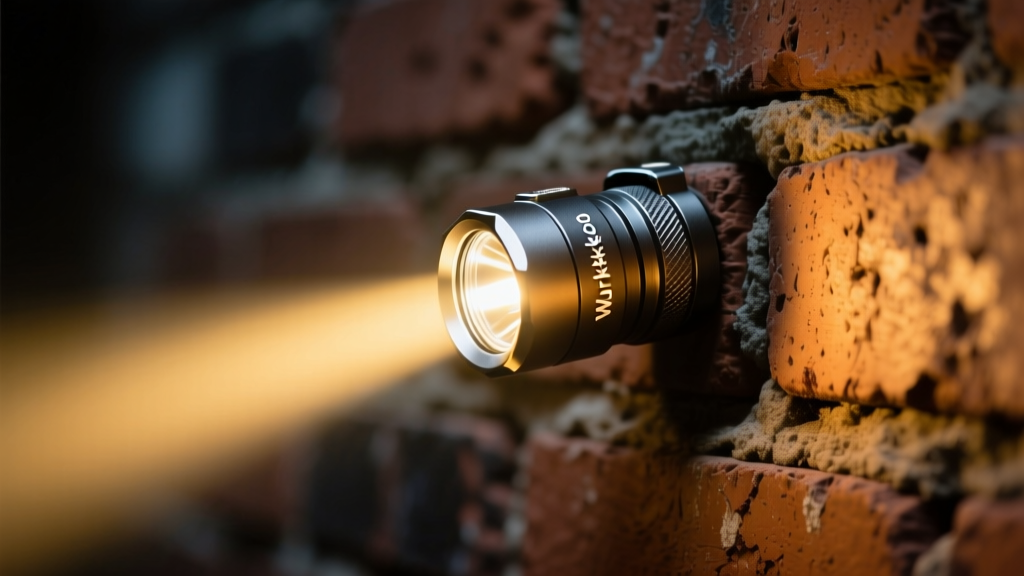 Macro shot of Wurkkos TS10 flashlight tailcap glowing with warm LED beam illuminating textured brick wall in low light conditions