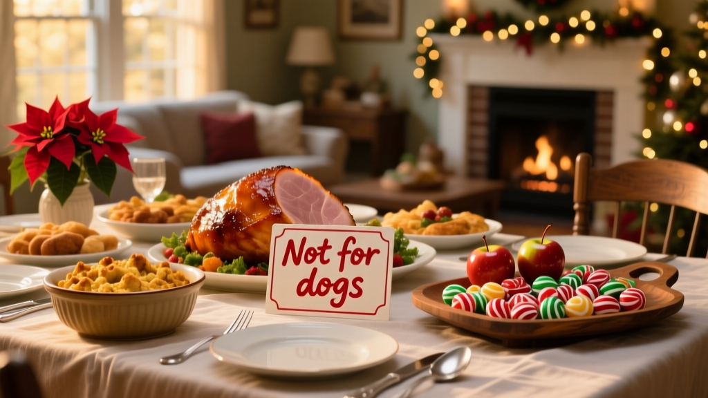 A festive holiday table with tempting foods like ham, stuffing, and candy—clearly labeled 'Not for dogs'