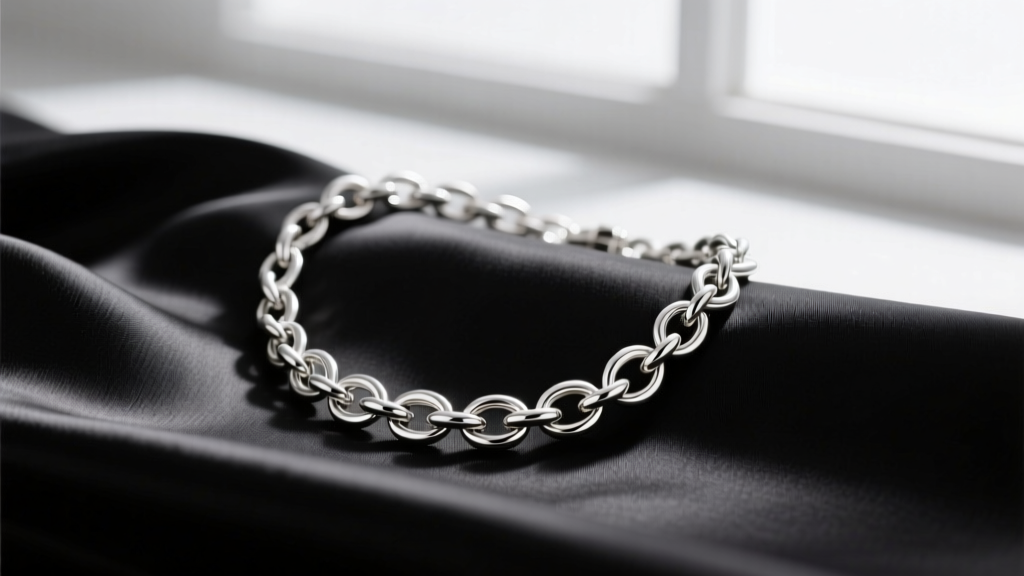 Sterling silver Links of London Sweetie necklace draped over black silk, showing the woven elastic chain texture.