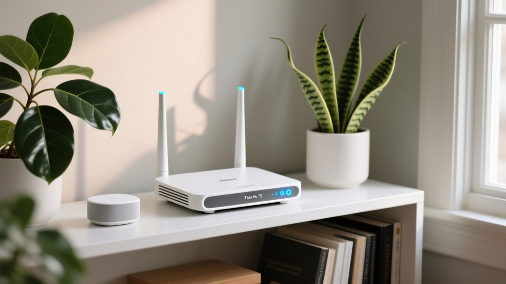 Wi-Fi 7 eero Pro 7E mesh router sitting on a minimalist bookshelf next to smart home hub and indoor plants