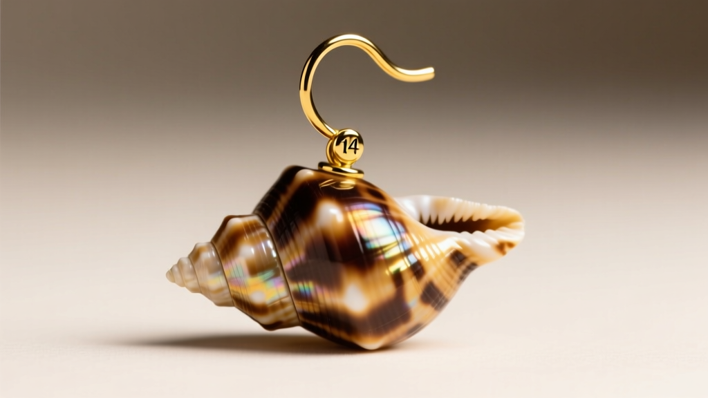 Macro photography of a polished tiger cowrie shell earring mounted on a 14-gauge yellow gold French hook, studio lighting