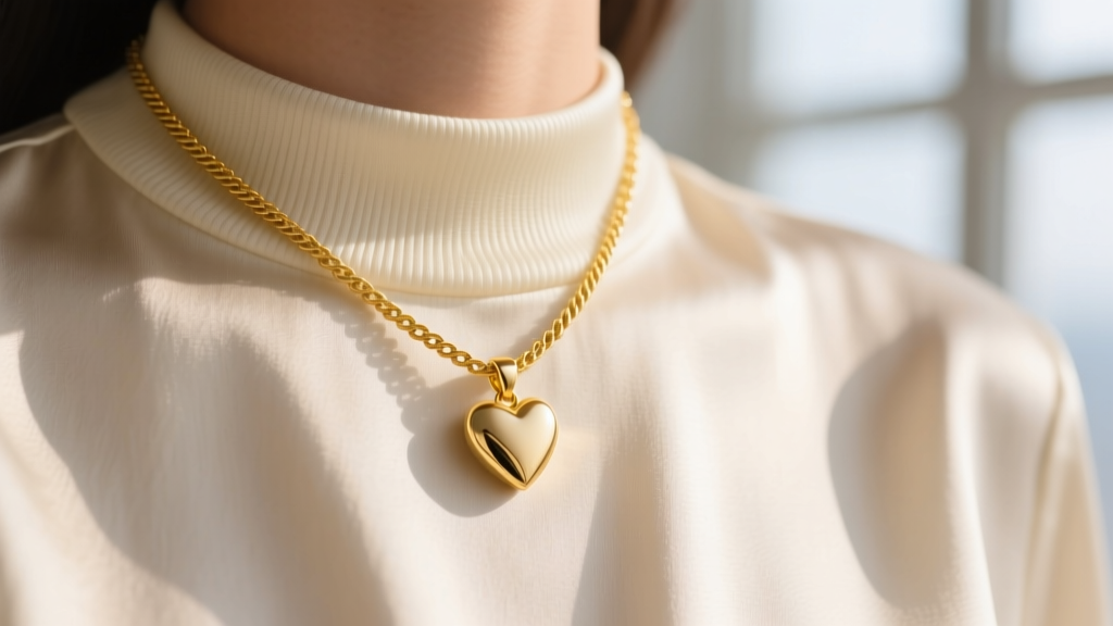 Close-up of a delicate 14k yellow gold cable chain featuring a 7mm solid small heart pendant resting on a cream silk blouse collar
