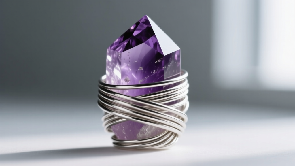Macro shot of 20-gauge sterling silver wire tightly wrapped around an amethyst crystal, showing precise coiling